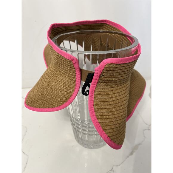 David Young Women Wide Brim Woven Sun Visor Hat Pink Trim Packable Beach Resort - Picture 3 of 4